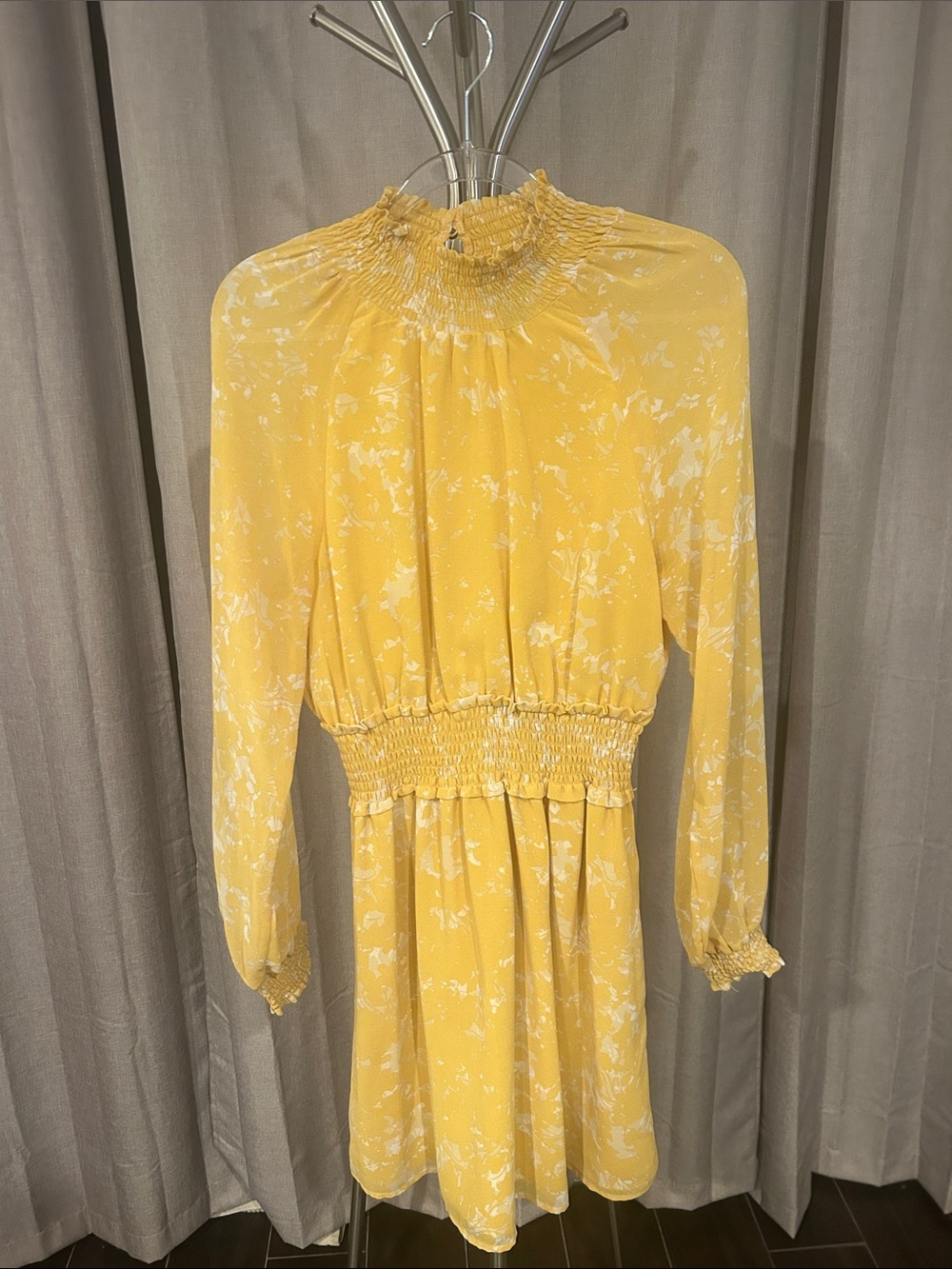 Halogen Yellow White Smocked Long-Sleeve Dress